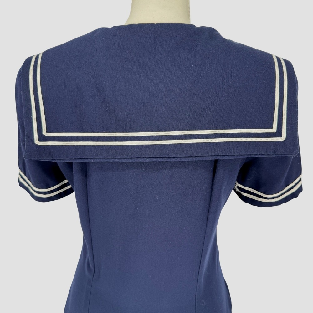 Vintage Handmade Navy Sailor Dress S Nautical Pleated Midi Gold Buttons Preppy - Picture 7 of 13